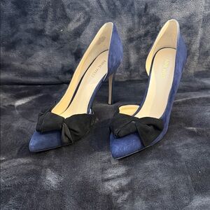 Nine West Navy Suede Pointed Pumps with Black Bow Accent